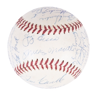 1956 World Champion New York Yankees Team Signed OAL Harridge Baseball With 29 Signatures Including Mantle, Berra, Ford, Martin & Howard - Mantle Triple Crown Season (JSA)